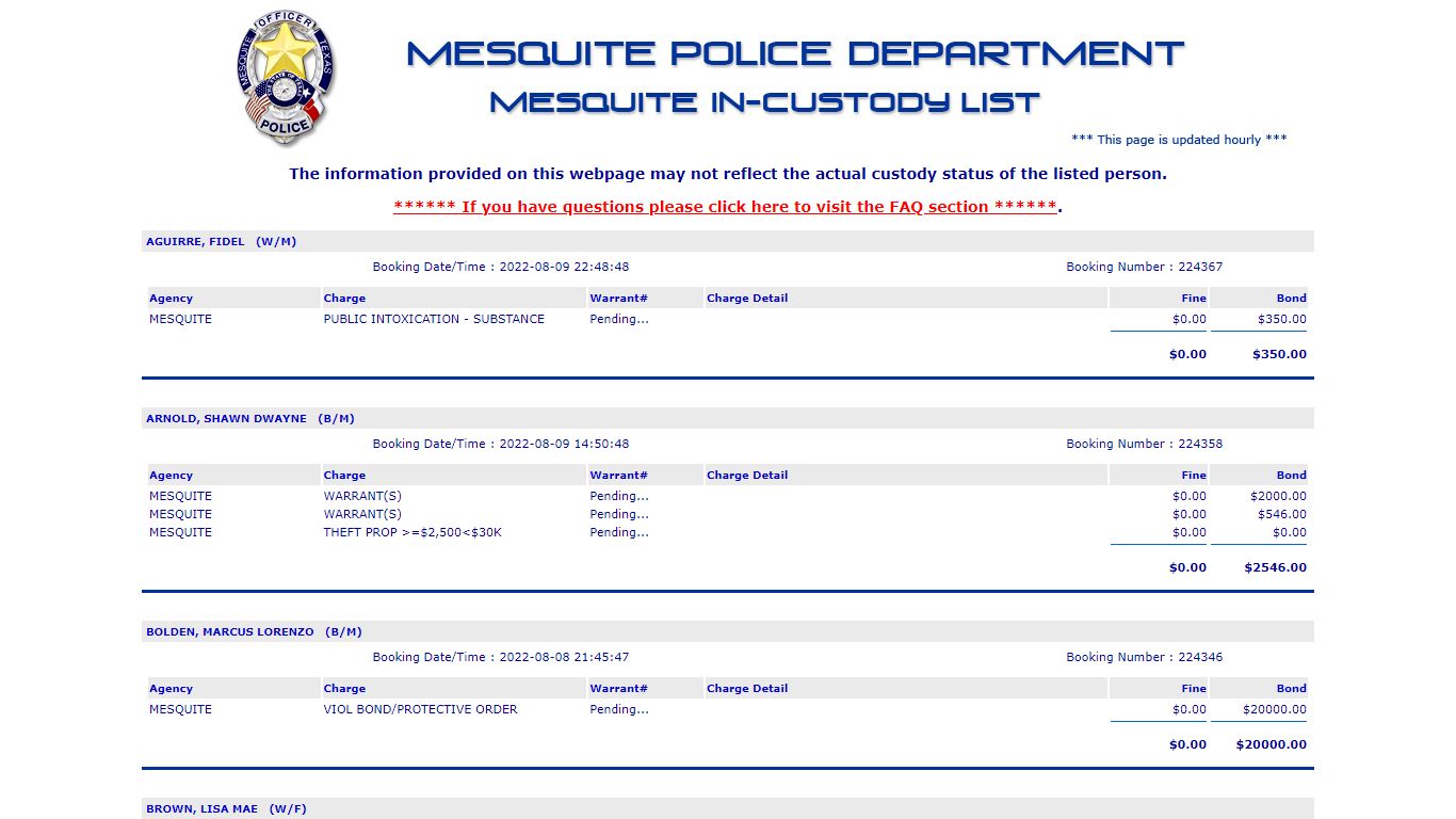 Jail List - Mesquite Police Department